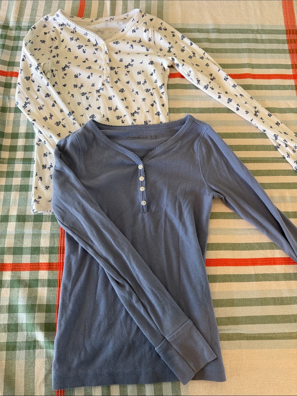 abercrombie kids Blue Ribbed Henley Top + White Floral Long Sleeve